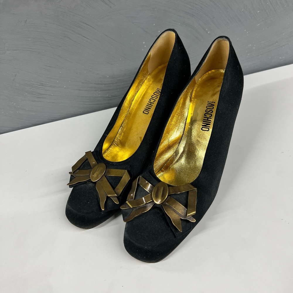 Moschino Black Satin Heels with Metallic Bow